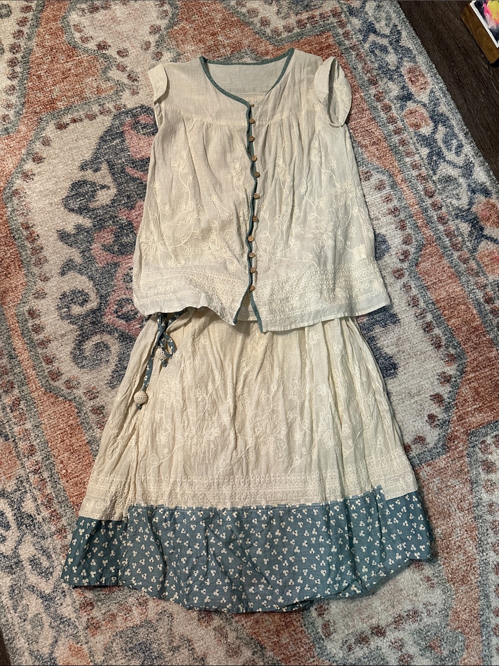 Cream Embroidered Two-Piece Top & Skirt with Blue Trim
